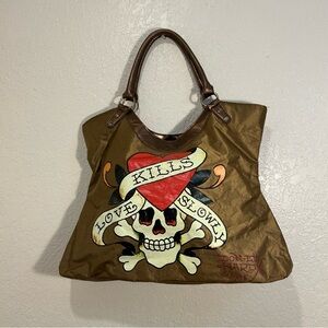 Ed Hardy Tan Love Kills Skull Tote